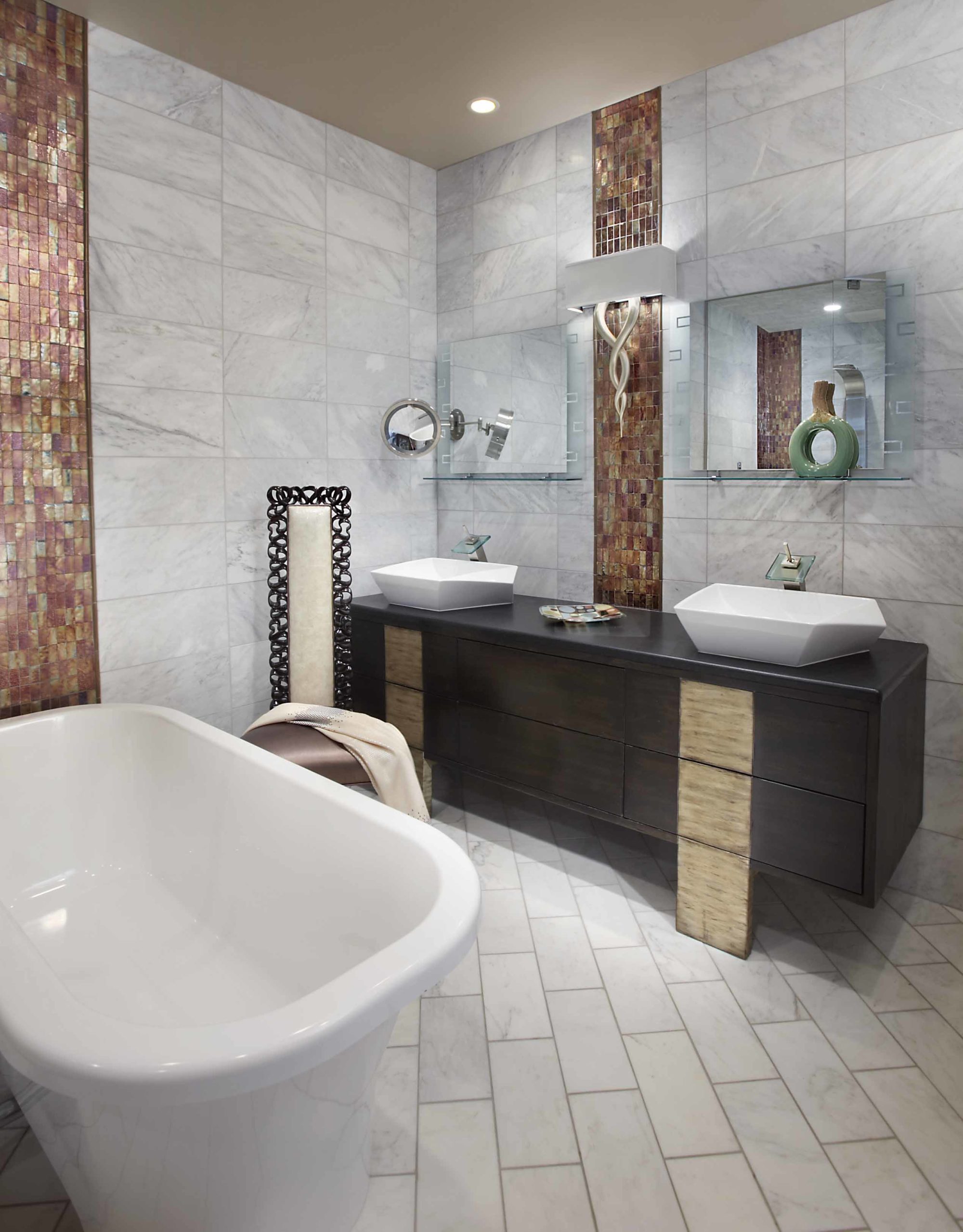 Bathroom with white tiled floors and walls and a claw-foot bathtub